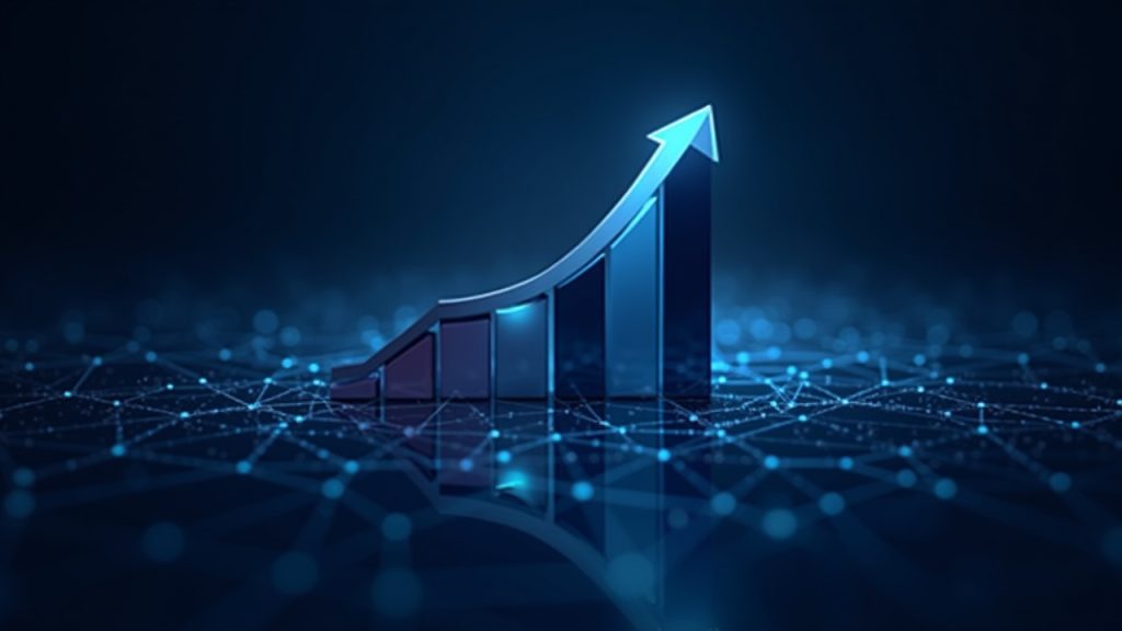 Uniswap logo centered with rising 3D volume bars over a blockchain network, newsroom vibe
