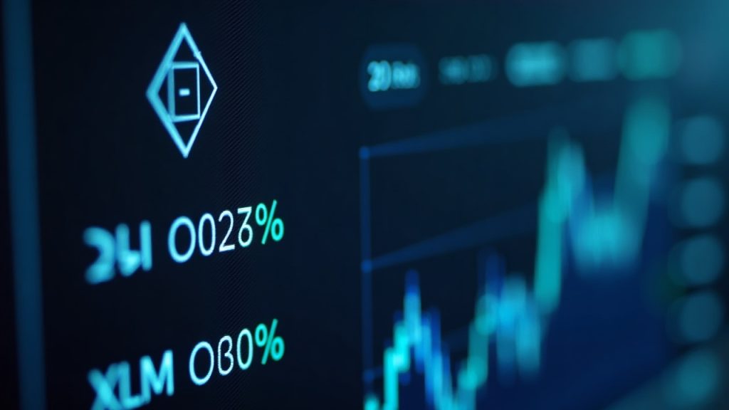 Futuristic crypto banner: Stellar logo with XLM/USDT and XLM/USD quotes, Binance branding, 0% maker fee badge on trading UI.