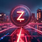 Bold ZIG token at center with glowing revenue pipes feeding a buyback ticker in a sleek crypto newsroom.