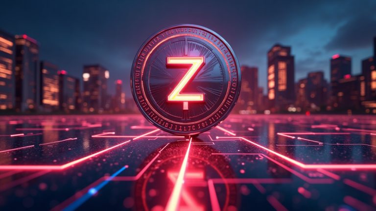 Bold ZIG token at center with glowing revenue pipes feeding a buyback ticker in a sleek crypto newsroom.