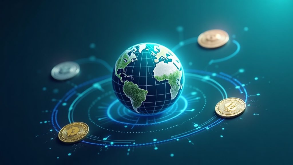 Photorealistic ADA, ZEC, and XLM coins orbit a digital globe with a MiCA Ripple badge in a blue-teal fintech style.