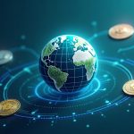 Photorealistic ADA, ZEC, and XLM coins orbit a digital globe with a MiCA Ripple badge in a blue-teal fintech style.
