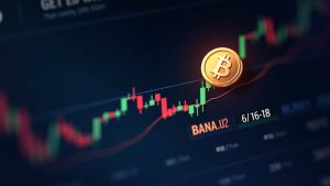 Photorealistic crypto trading screen showing BANA/USDT with a rising price chart on MEXC.
