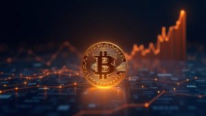 Photoreal BENJI token as a glowing US Treasury bond on a digital ledger with rising AUM and blockchain lines.