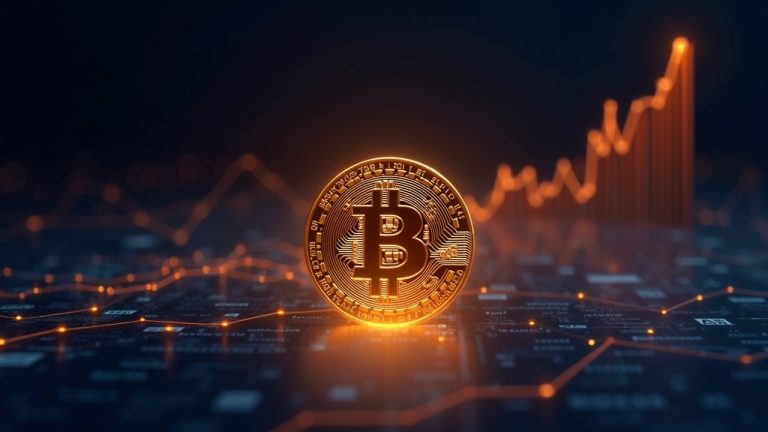 Photoreal BENJI token as a glowing US Treasury bond on a digital ledger with rising AUM and blockchain lines.