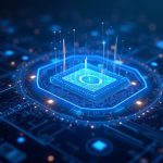 Photorealistic trading floor with 24/7 tokenized stocks on blockchain and holographic AI chips.