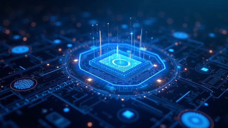 Photorealistic trading floor with 24/7 tokenized stocks on blockchain and holographic AI chips.