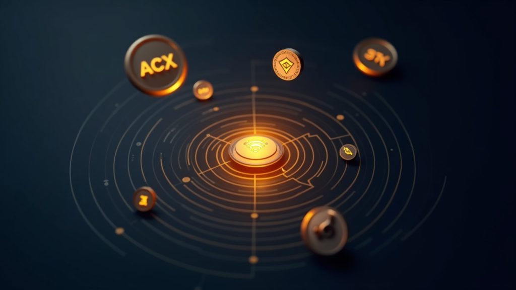 Photorealistic Binance-style scene with floating tokens ACX, LSK and STX under a Monitoring Tag badge with radar lines.