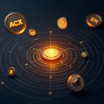 Photorealistic Binance-style scene with floating tokens ACX, LSK and STX under a Monitoring Tag badge with radar lines.