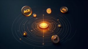 Photorealistic Binance-style scene with floating tokens ACX, LSK and STX under a Monitoring Tag badge with radar lines.