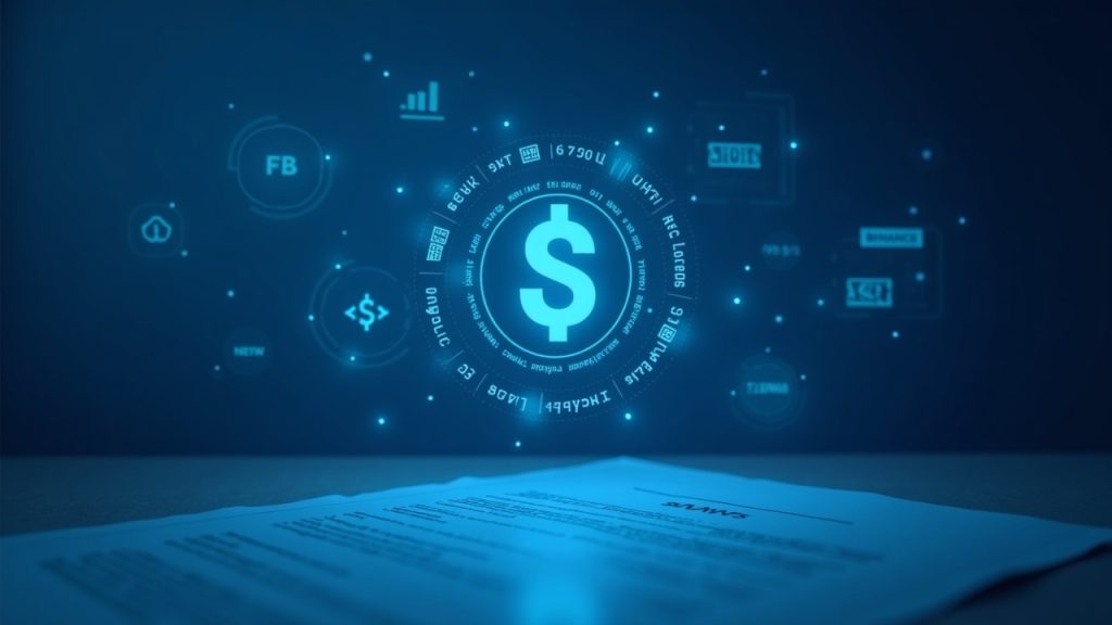 Photorealistic newsroom with SKHYB/USDT ticker, Binance branding, blockchain glyphs, and a regulatory document.
