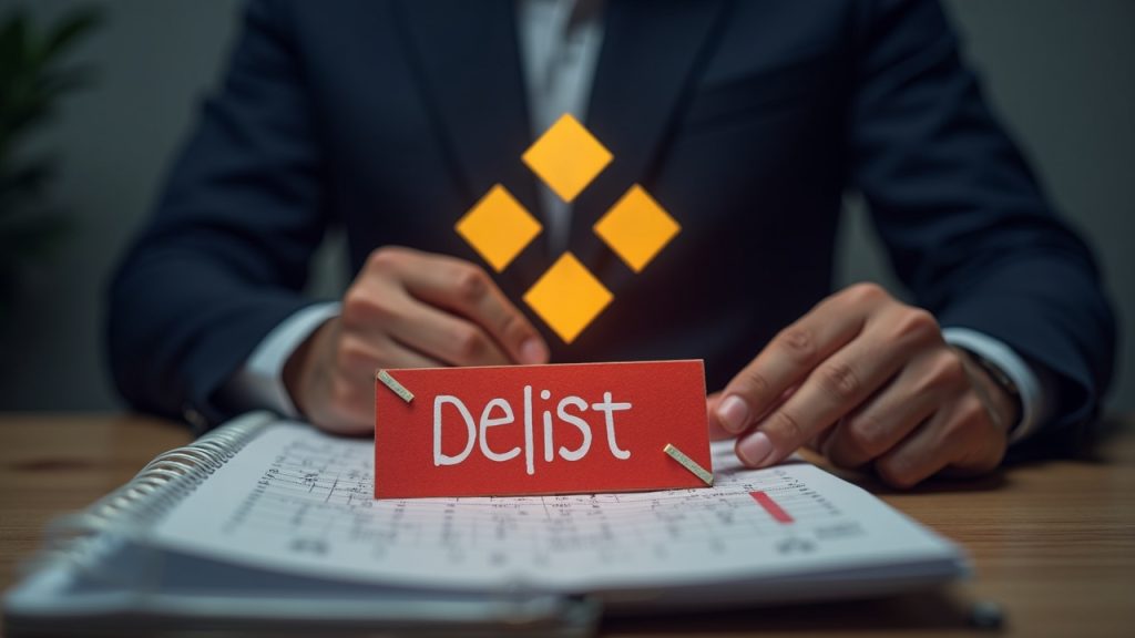Photorealistic trading desk with Binance logo and red delist banner over a shrinking order book