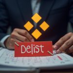 Photorealistic trading desk with Binance logo and red delist banner over a shrinking order book