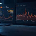 Photorealistic crypto newsroom with BTC and ETH logos, a digital options heatmap showing max pain at 61000 and 1650, and a countdown clock.