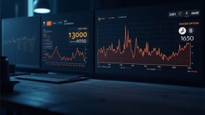 Photorealistic crypto newsroom with BTC and ETH logos, a digital options heatmap showing max pain at 61000 and 1650, and a countdown clock.