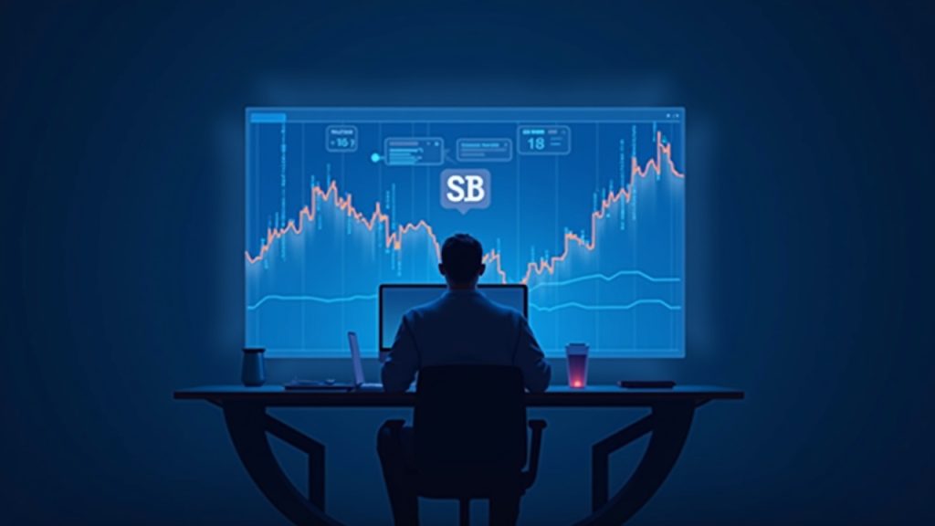 Photorealistic crypto trader at a sleek desk; monitor shows negative BTC perpetual funding with arrows from shorts to longs in blue.