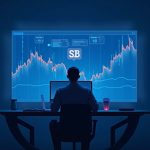 Photorealistic crypto trader at a sleek desk; monitor shows negative BTC perpetual funding with arrows from shorts to longs in blue.