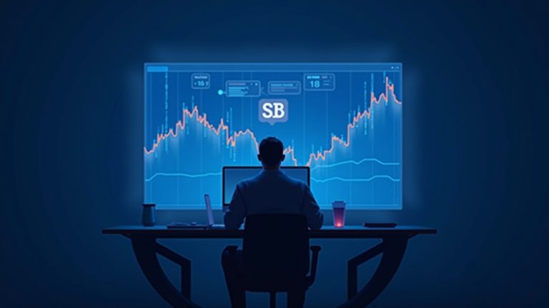 Photorealistic crypto trader at a sleek desk; monitor shows negative BTC perpetual funding with arrows from shorts to longs in blue.