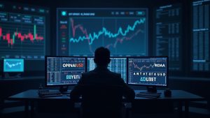 Photorealistic trading desk with Bybit branding and screens showing OPENAIUSDT and ANTHROPICUSDT, pre-IPO AI stocks.