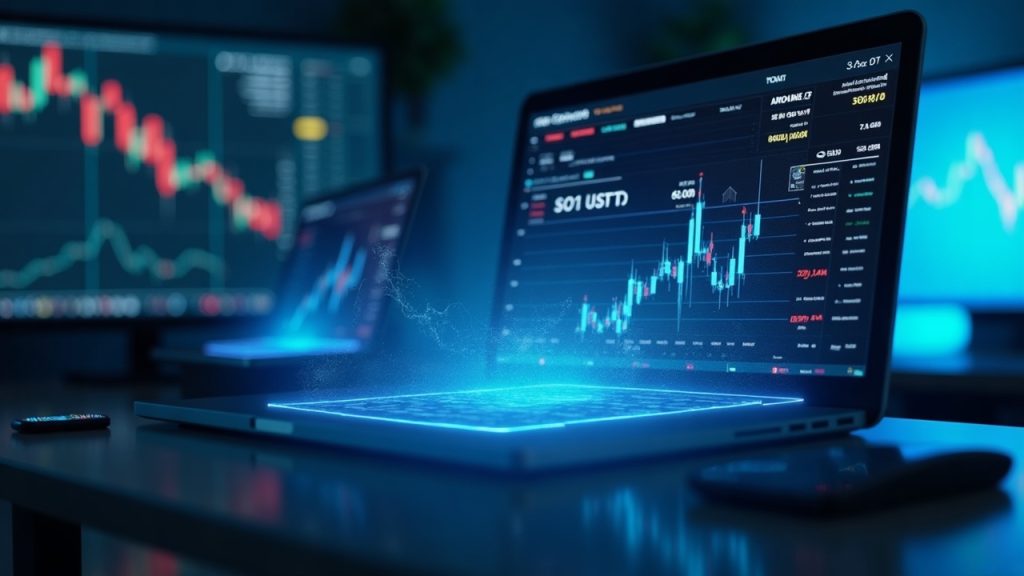 Photorealistic trading desk with a holographic display showing BOTUSDT, MVLLUSDT, SQQQUSDT tickers and charts in blue glow.