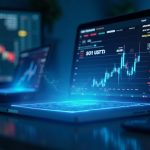 Photorealistic trading desk with a holographic display showing BOTUSDT, MVLLUSDT, SQQQUSDT tickers and charts in blue glow.