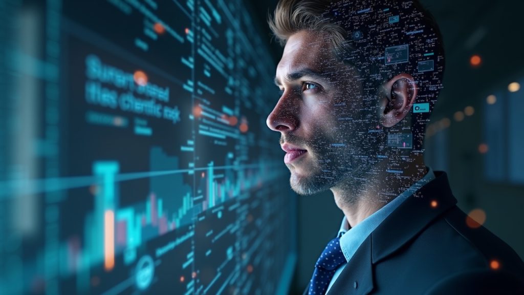 Photoreal NFT avatar fused with a corporate equity certificate over a holographic blockchain grid.