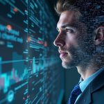 Photoreal NFT avatar fused with a corporate equity certificate over a holographic blockchain grid.
