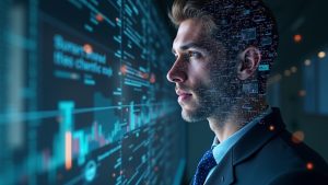 Photoreal NFT avatar fused with a corporate equity certificate over a holographic blockchain grid.