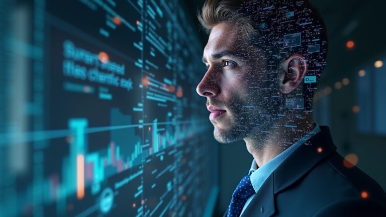 Photoreal NFT avatar fused with a corporate equity certificate over a holographic blockchain grid.