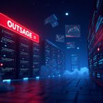 Photo-realistic crypto newsroom header with servers, red outage banner, Kubernetes-style UI panels, and trading graphs.