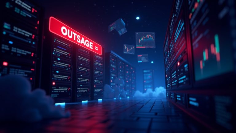 Photo-realistic crypto newsroom header with servers, red outage banner, Kubernetes-style UI panels, and trading graphs.