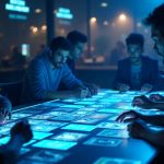 Photorealistic scene of a sci-fi card game tournament with players, holographic cards, neon glow, and a Community Clash banner.