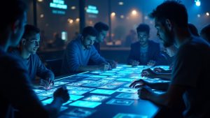 Photorealistic scene of a sci-fi card game tournament with players, holographic cards, neon glow, and a Community Clash banner.