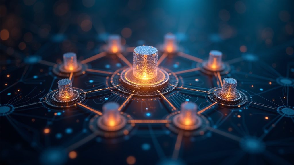 Photorealistic data hub with a glowing distributed ledger overlay showing tokenized securities flowing to major banks.