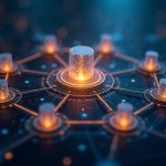 Photorealistic data hub with a glowing distributed ledger overlay showing tokenized securities flowing to major banks.