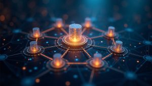Photorealistic data hub with a glowing distributed ledger overlay showing tokenized securities flowing to major banks.
