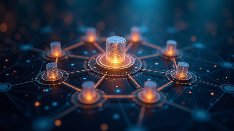 Photorealistic data hub with a glowing distributed ledger overlay showing tokenized securities flowing to major banks.