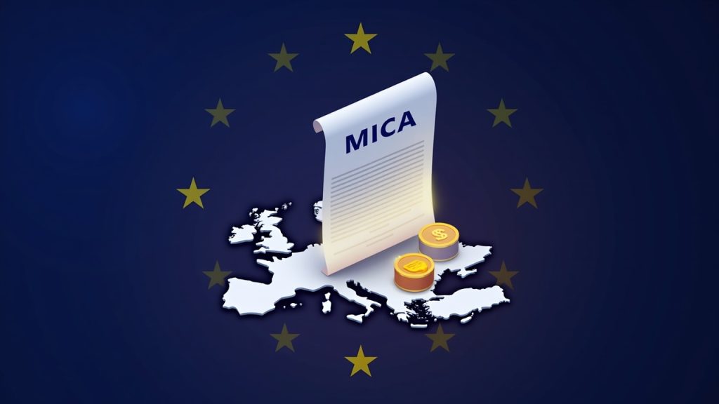 EU flag over a MiCA regulation document with USDT and offshore wallets, signaling tighter cross-border stablecoin rules.
