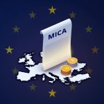 EU flag over a MiCA regulation document with USDT and offshore wallets, signaling tighter cross-border stablecoin rules.