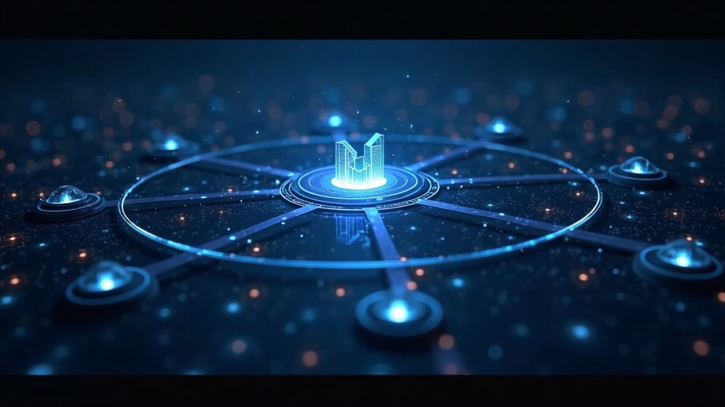 Photorealistic render of Ground's on-chain yield hub linking tokenized real-world assets to DeFi via a central API gateway.