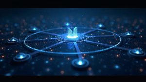 Photorealistic render of Ground's on-chain yield hub linking tokenized real-world assets to DeFi via a central API gateway.