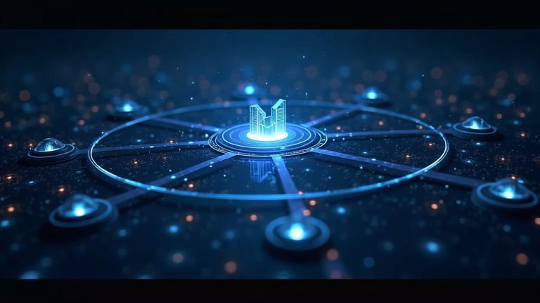 Photorealistic render of Ground's on-chain yield hub linking tokenized real-world assets to DeFi via a central API gateway.