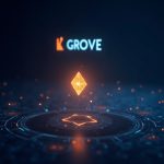 Photorealistic GROVE token trading scene on KuCoin with GROVE/USDT pair and KuCoin logo, futuristic grid
