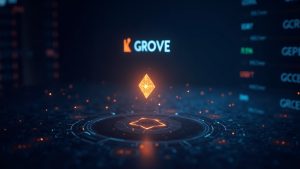 Photorealistic GROVE token trading scene on KuCoin with GROVE/USDT pair and KuCoin logo, futuristic grid