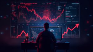 Glitchy oracle feed, red liquidation arrows, and a trader silhouette over a futuristic Hyperliquid trading interface