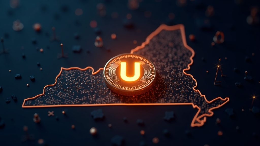Glowing U token on KuCoin screen with New Hampshire outline, scales of justice, and blockchain circuit textures.