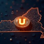 Glowing U token on KuCoin screen with New Hampshire outline, scales of justice, and blockchain circuit textures.