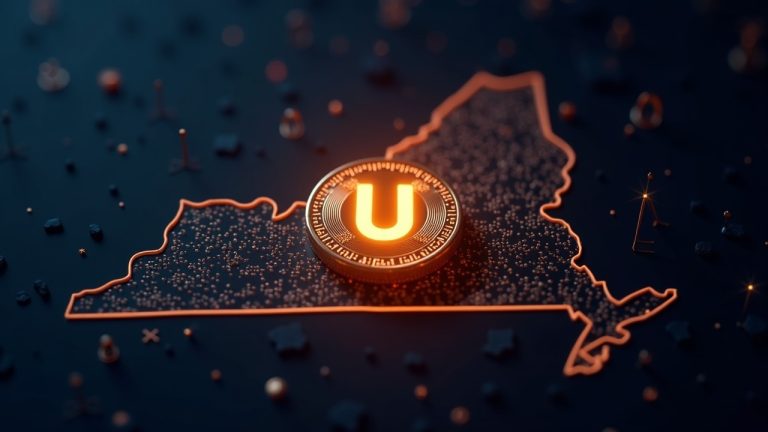 Glowing U token on KuCoin screen with New Hampshire outline, scales of justice, and blockchain circuit textures.