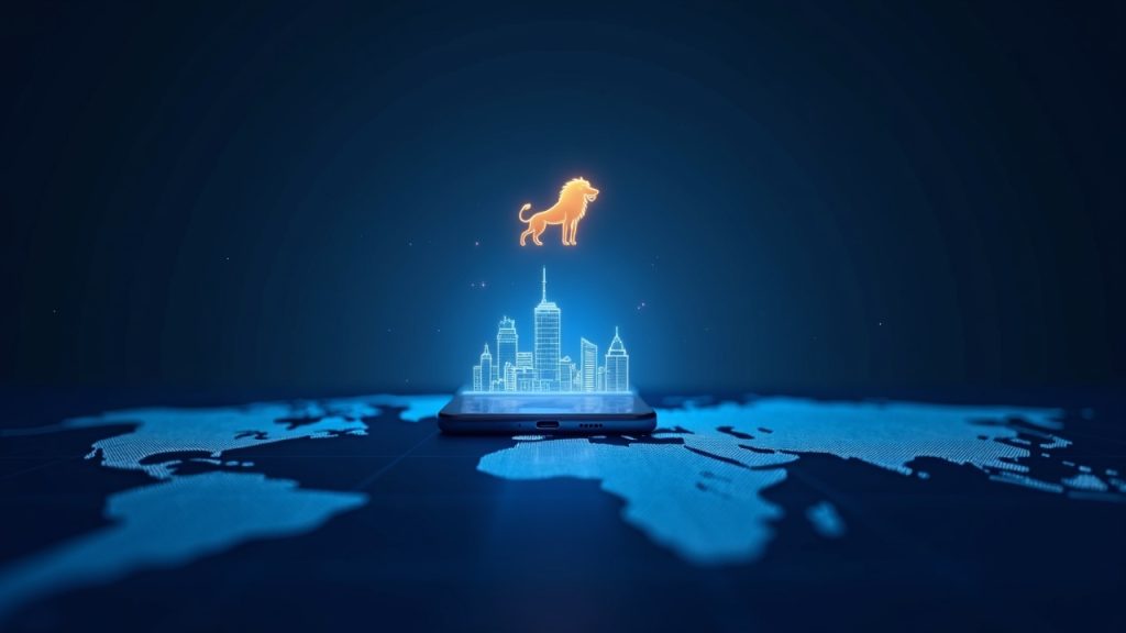 Photorealistic header of a lion logo on a sleek smartphone above a glowing world map and skyline with a blue fintech grid.