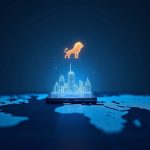 Photorealistic header of a lion logo on a sleek smartphone above a glowing world map and skyline with a blue fintech grid.